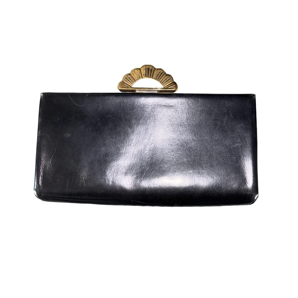 Vintage Black Leather Clutch Bag Gold Fan Clasp Evening Bag Purse Art Deco Style